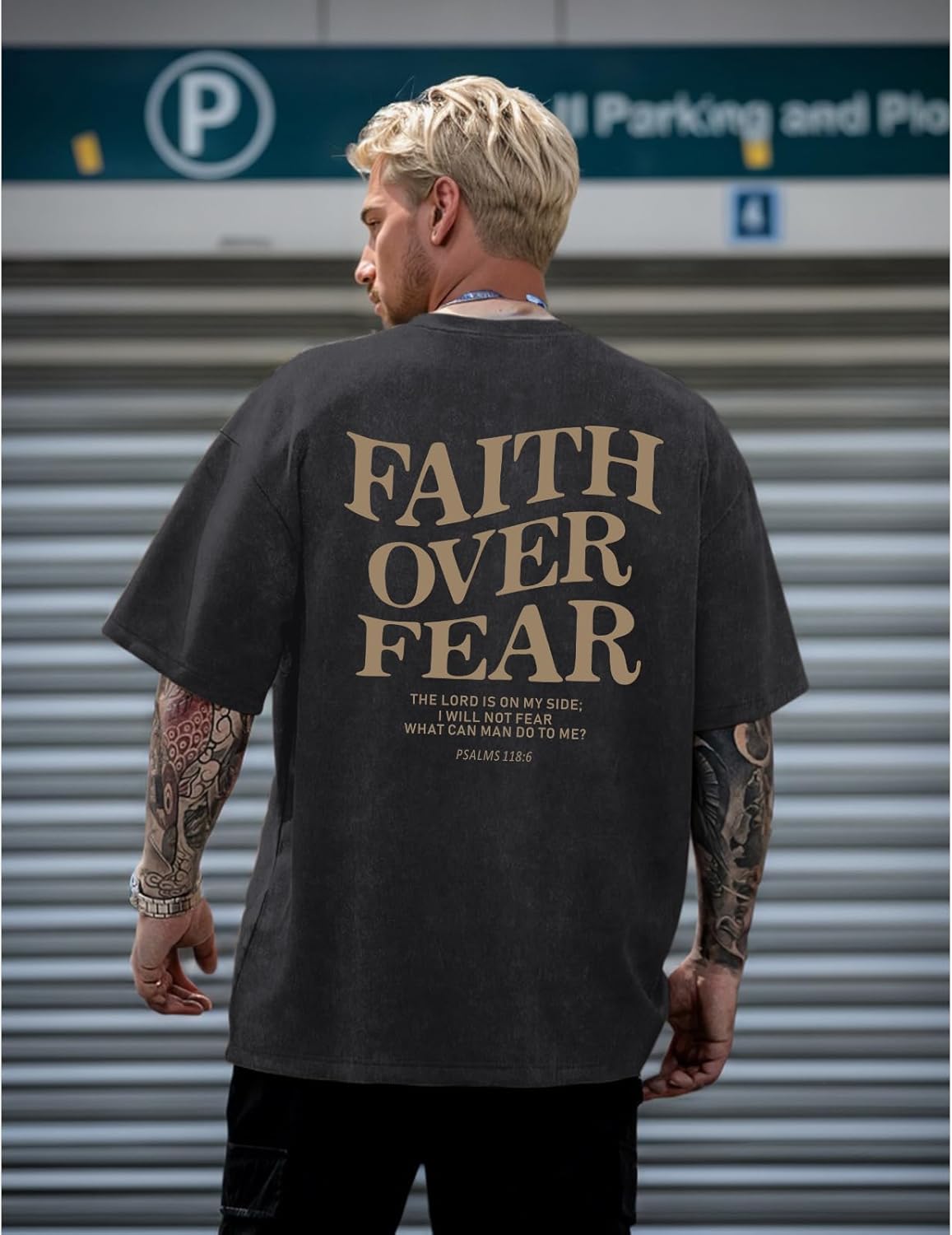 Faith Over Fear Shirt for Men Oversized Graphic Tees Acid Wash God T-Shirt