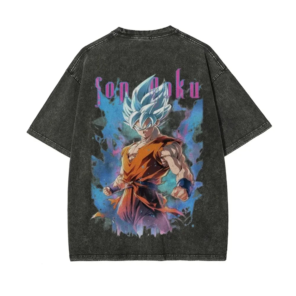 Anime Dragon Ball Z Vegeta Vintage Wash T-Shirt Short Sleeve Loose