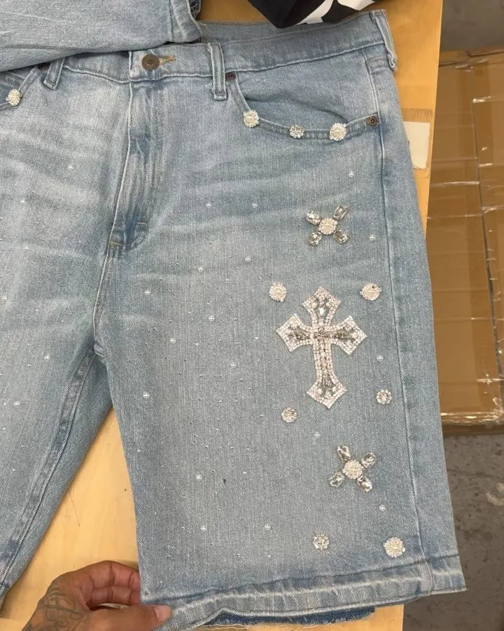 Y2K Gothic Diamond Cross Embroidery Denim Shorts