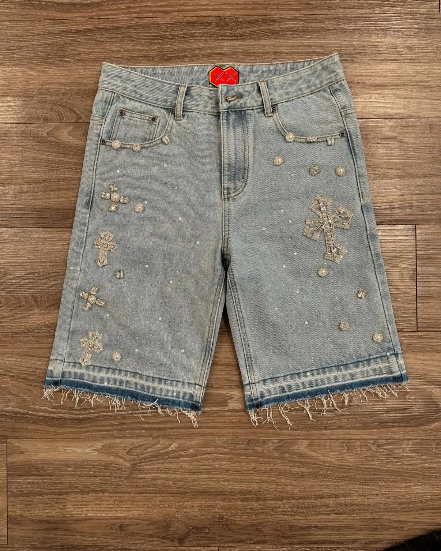 Y2K Gothic Diamond Cross Embroidery Denim Shorts