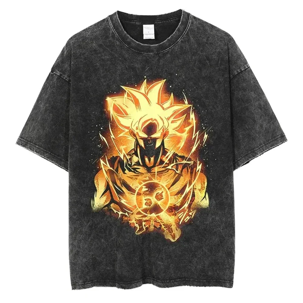 Anime Dragon Ball Z Vegeta Vintage Wash T-Shirt Short Sleeve Loose