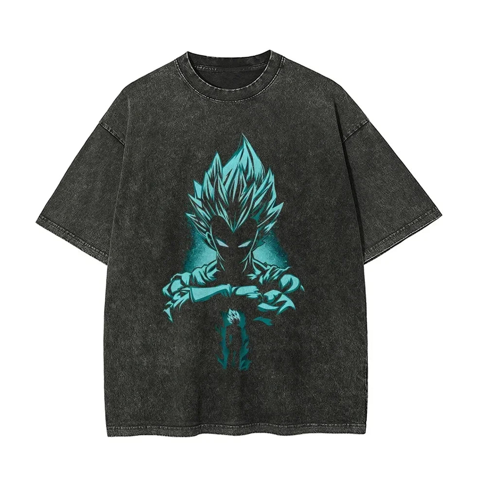 Anime Dragon Ball Z Vegeta Vintage Wash T-Shirt Short Sleeve Loose