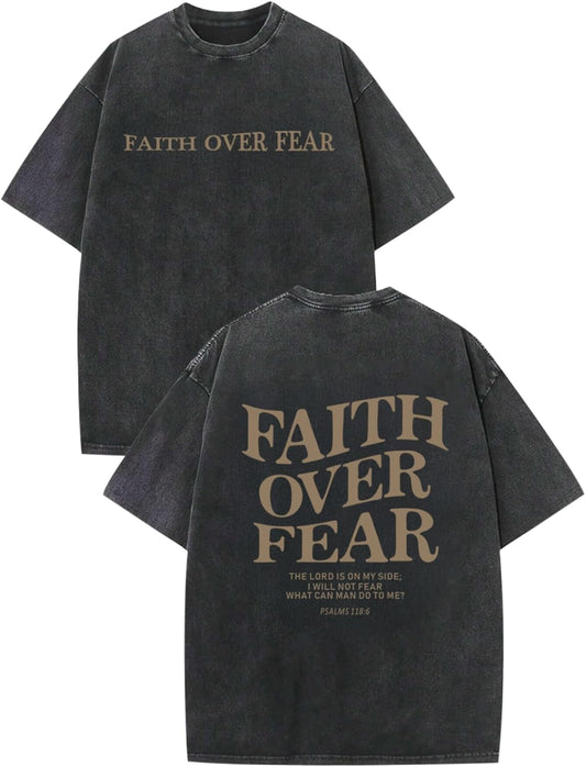 Faith Over Fear Shirt for Men  Oversized Graphic Tees Acid Wash God T-Shirt