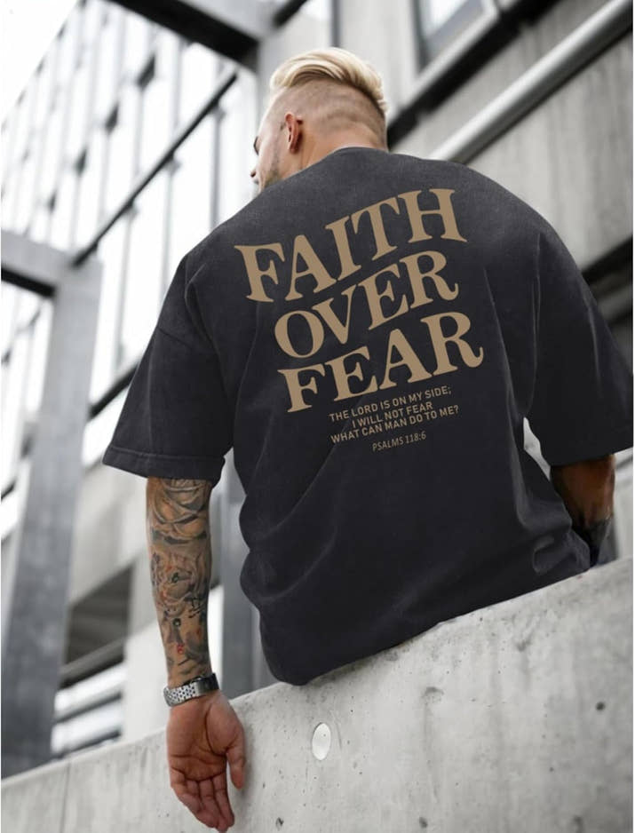 Faith Over Fear Shirt for Men  Oversized Graphic Tees Acid Wash God T-Shirt