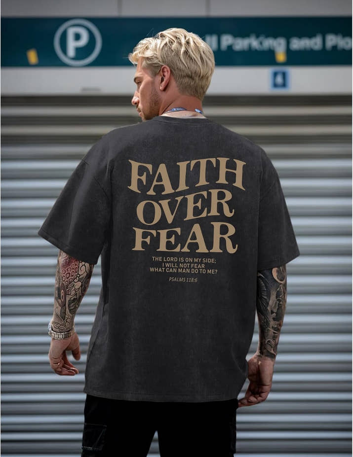 Faith Over Fear Shirt for Men  Oversized Graphic Tees Acid Wash God T-Shirt