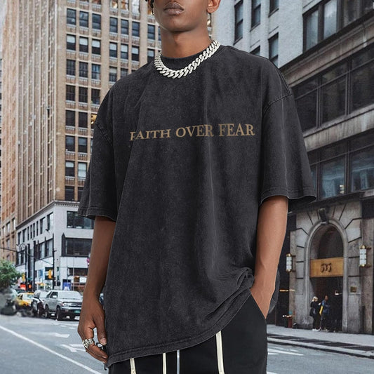 Faith Over Fear Shirt for Men  Oversized Graphic Tees Acid Wash God T-Shirt