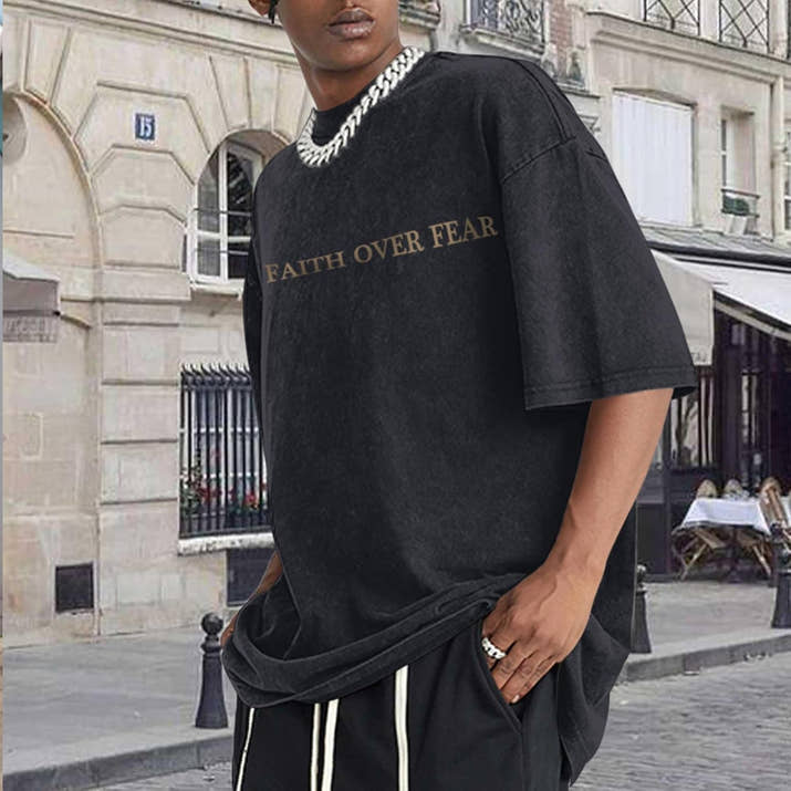 Faith Over Fear Shirt for Men  Oversized Graphic Tees Acid Wash God T-Shirt