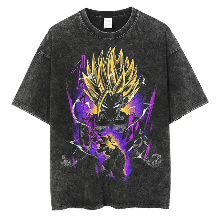 Anime Dragon Ball Z Vegeta Vintage Wash T-Shirt Short Sleeve Loose