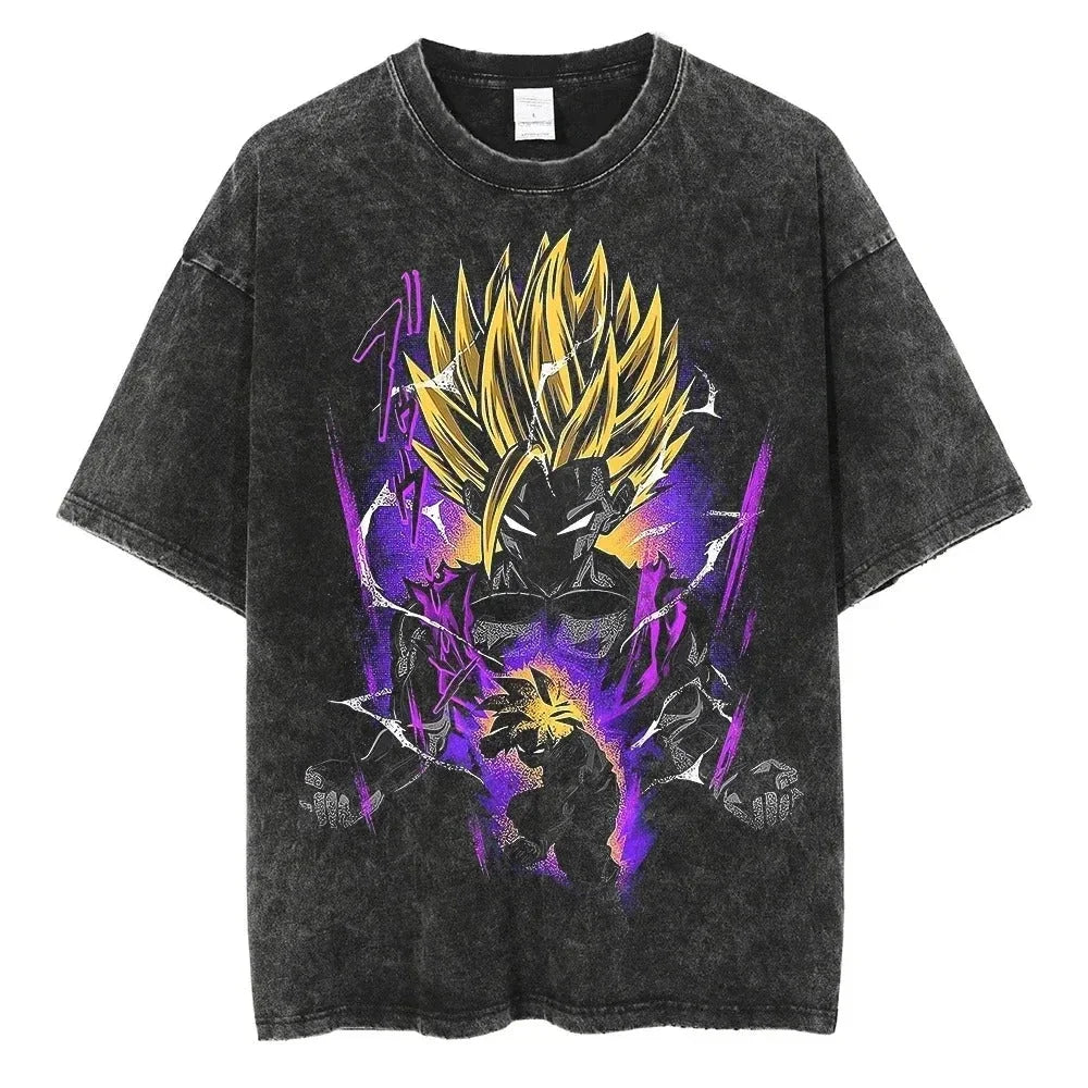 Anime Dragon Ball Z Vegeta Vintage Wash T-Shirt Short Sleeve Loose