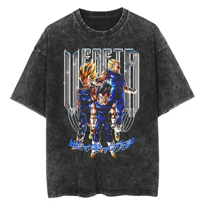 Anime Dragon Ball Z Vegeta Vintage Wash T-Shirt Short Sleeve Loose