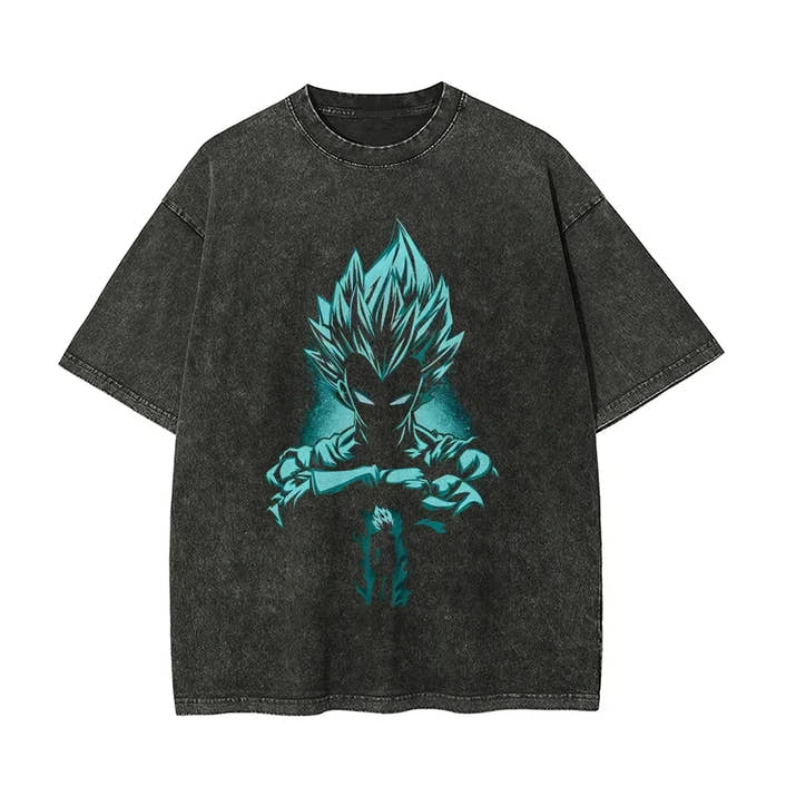 Anime Dragon Ball Z Vegeta Vintage Wash T-Shirt Short Sleeve Loose