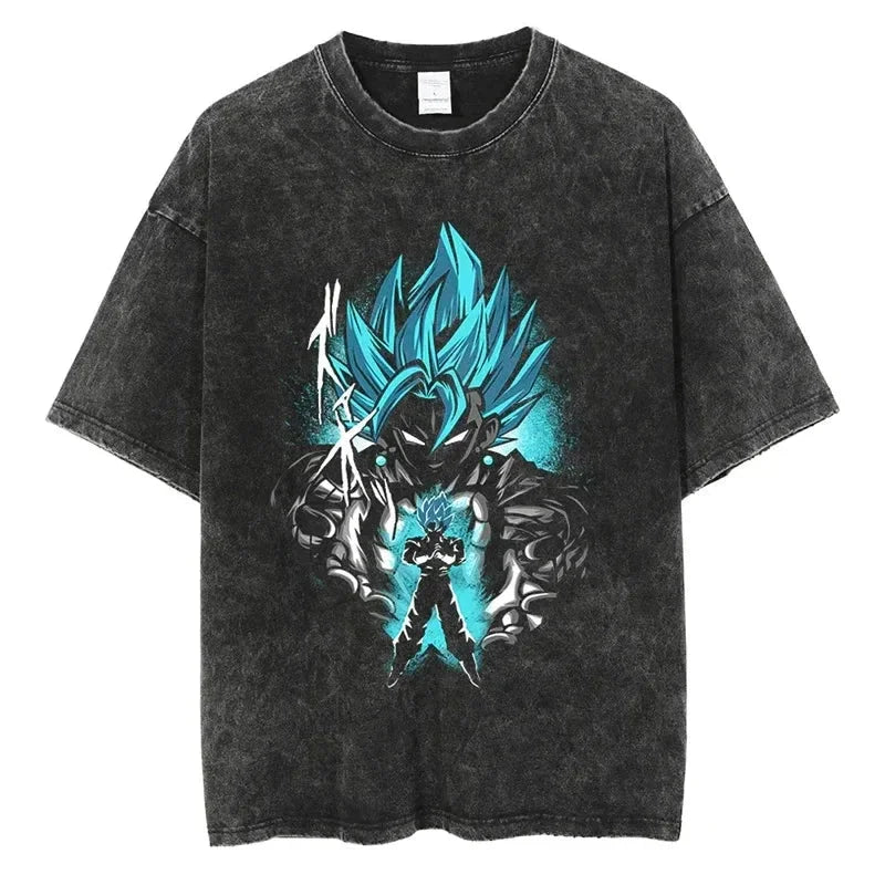 Anime Dragon Ball Z Vegeta Vintage Wash T-Shirt Short Sleeve Loose