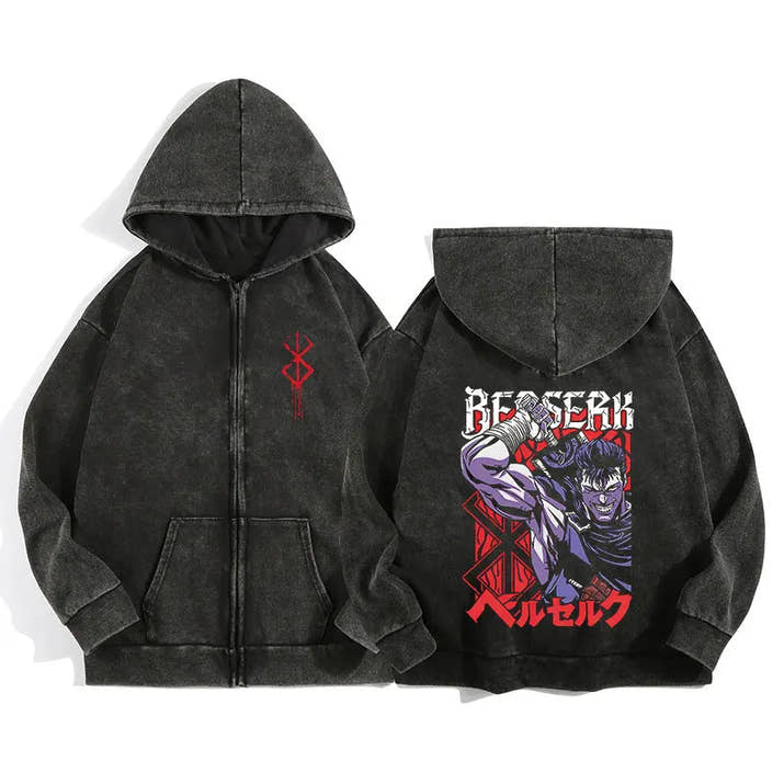 Anime Berserk Wash Zip Up Hoodie