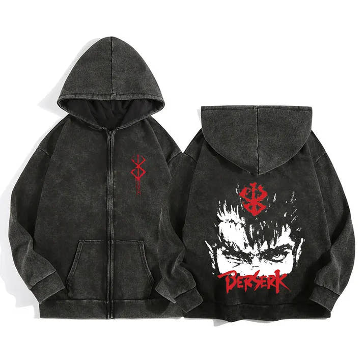 Anime Berserk Wash Zip Up Hoodie