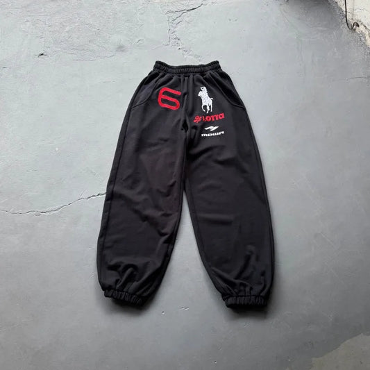 Embroidery Angel War Horse Digit 6 Label Sweatpants