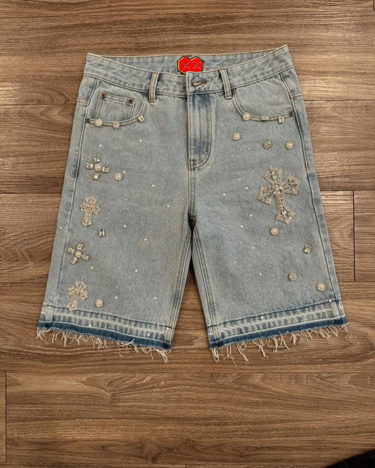 Y2K Gothic Diamond Cross Embroidery Denim Shorts
