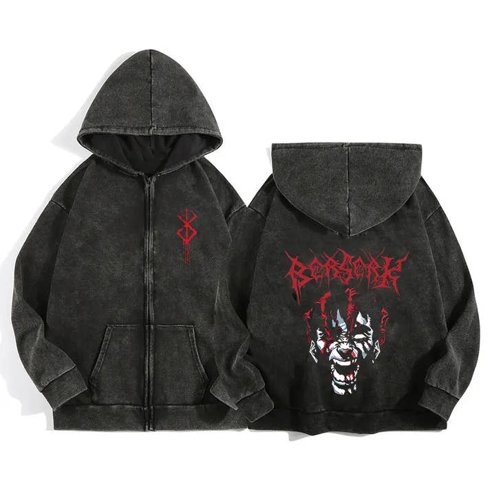 Anime Berserk Wash Zip Up Hoodie